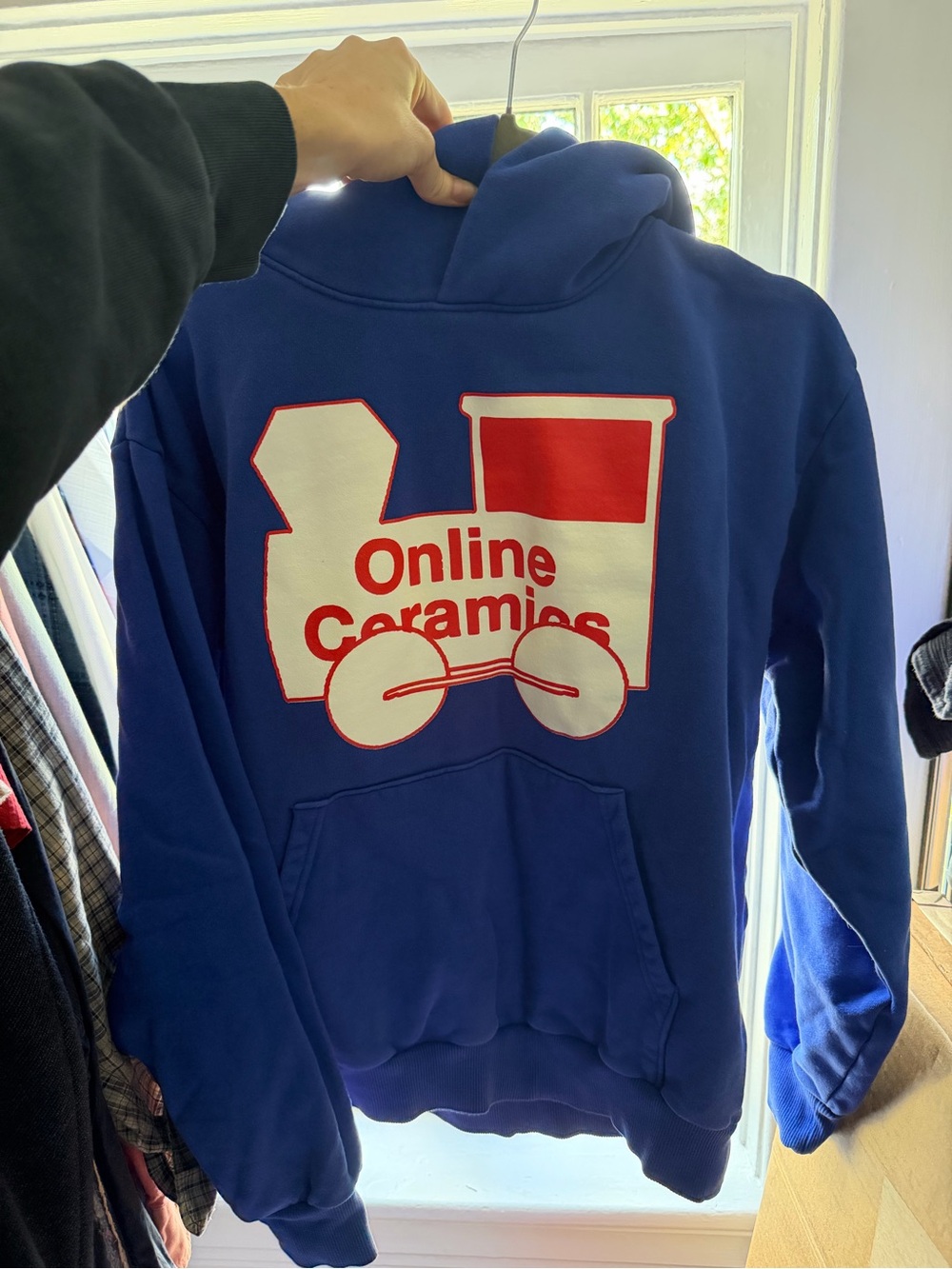 Online Ceramics Men's Blue Zip-Up Hoodie with Red & White Train Graphic